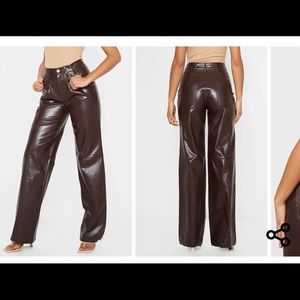 Chocolate Faux Leather Pleat Detail Wide Leg Pant